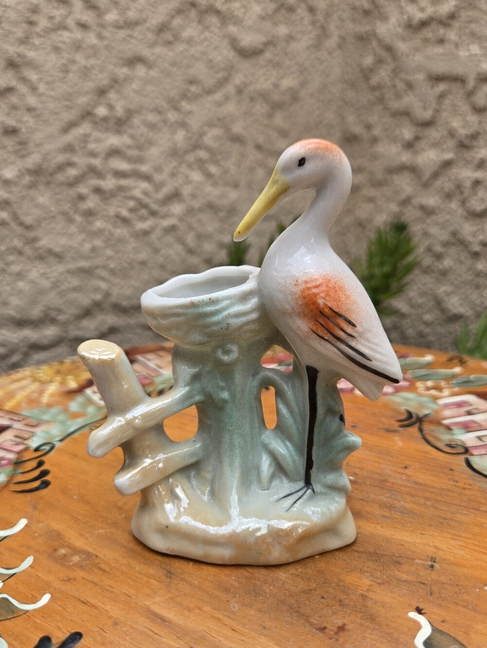 VTG Porcelain Crane Heron Bird Figurine Pin Cushion Nest Unmarked Japan Bud Vase
